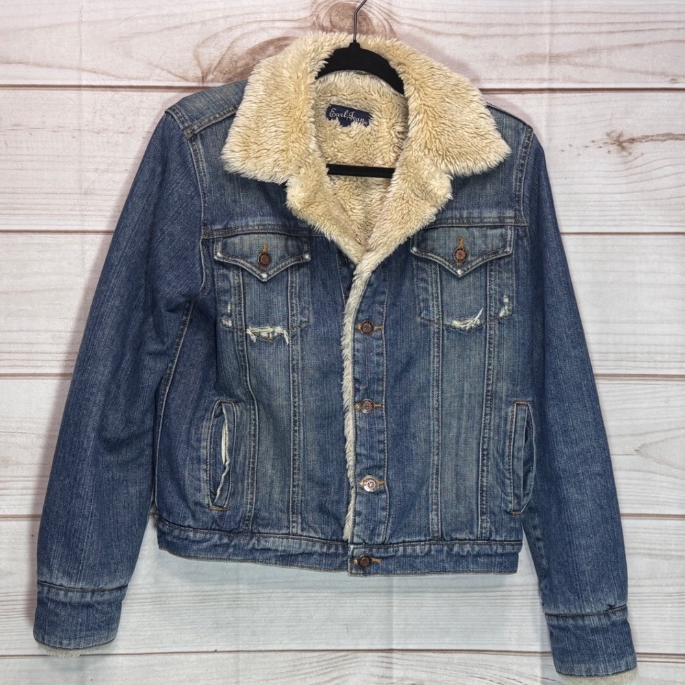 Earl Jean Denim Trucker Jacket Faux Shearling Lined Distressed Blue Large